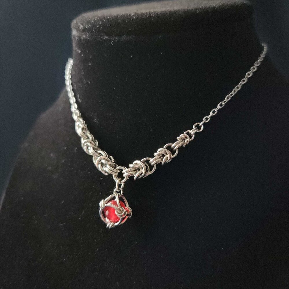 Gothic Victorian vampire blood red and silver chainmail choker necklace